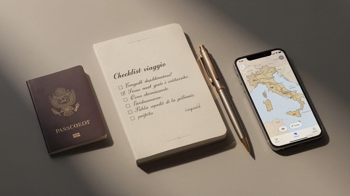 Taccuino con checklist, passaporto e mappa italiana su un tavolo da viaggio.