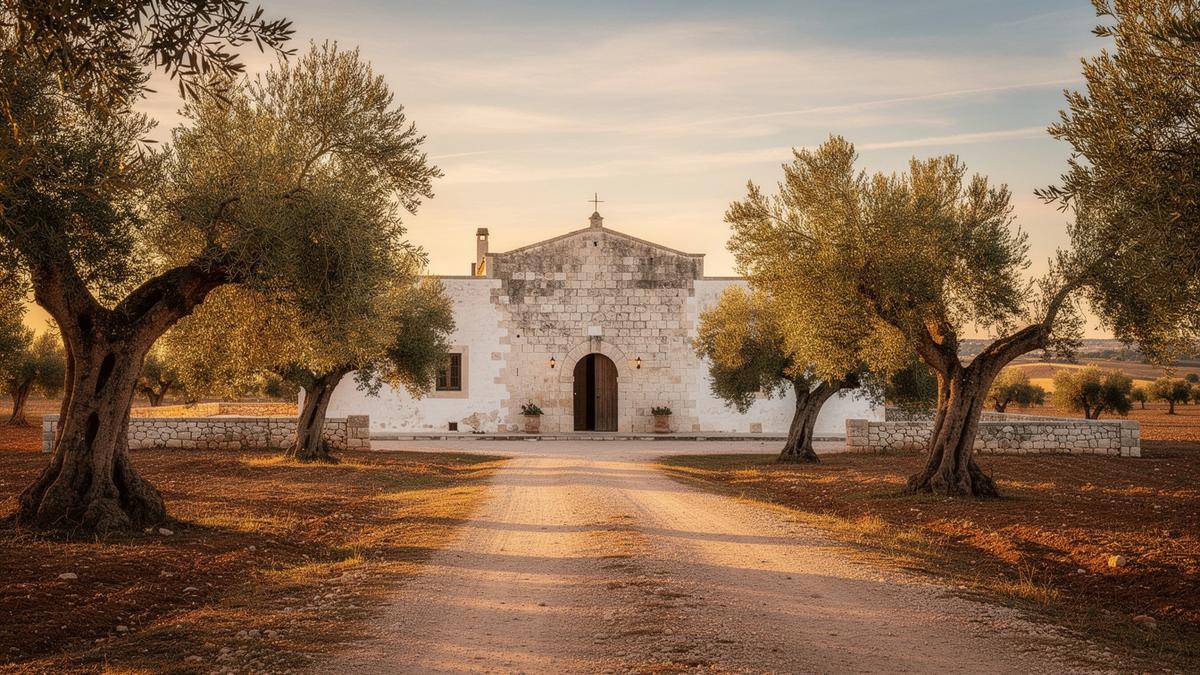 Paesaggio tra uliveti e masseria, ideale per confronto Toscana e Puglia