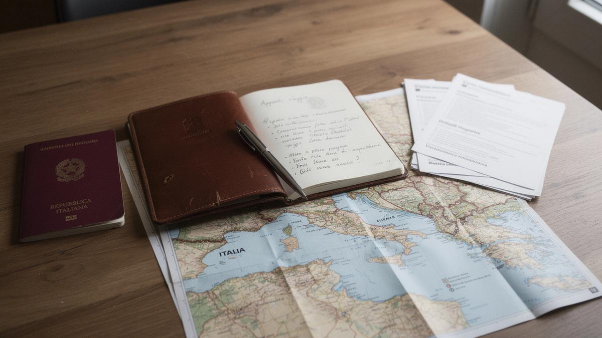 Taccuino e documenti di viaggio su un tavolo, preparazione checklist per tour